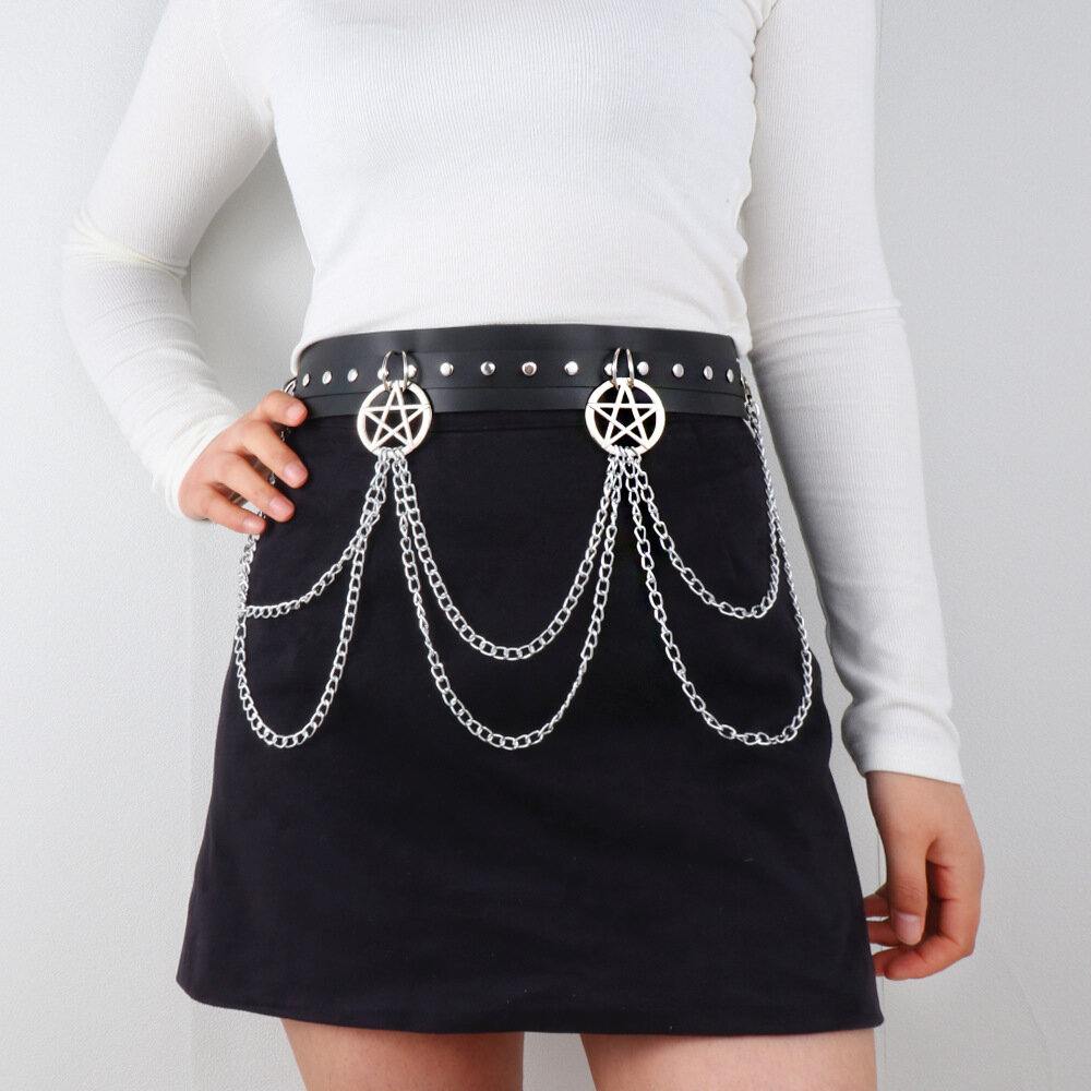 Zac's Alter Ego - Pentagram Charm Double Chain PU Stud Ceinture pour la taille